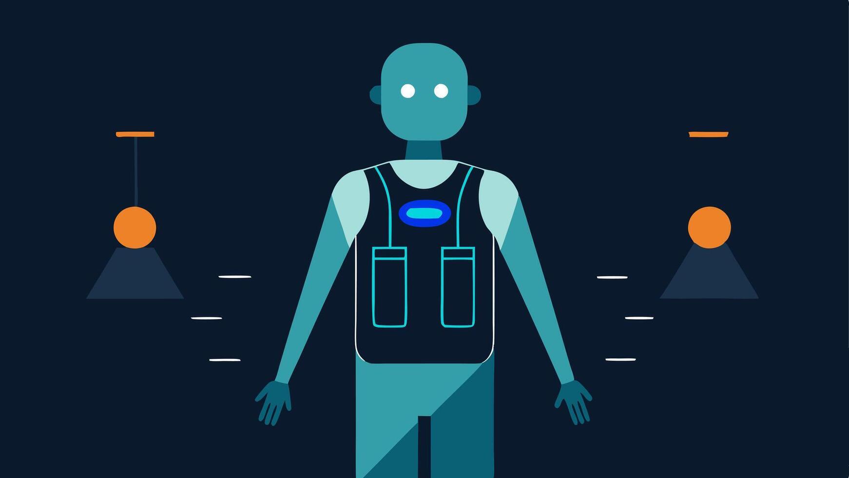 Scanning Process An illustration showing a person wearing a body scanner vest with a scanning beam illuminating their torso and graphic representations of body data appearing. vector