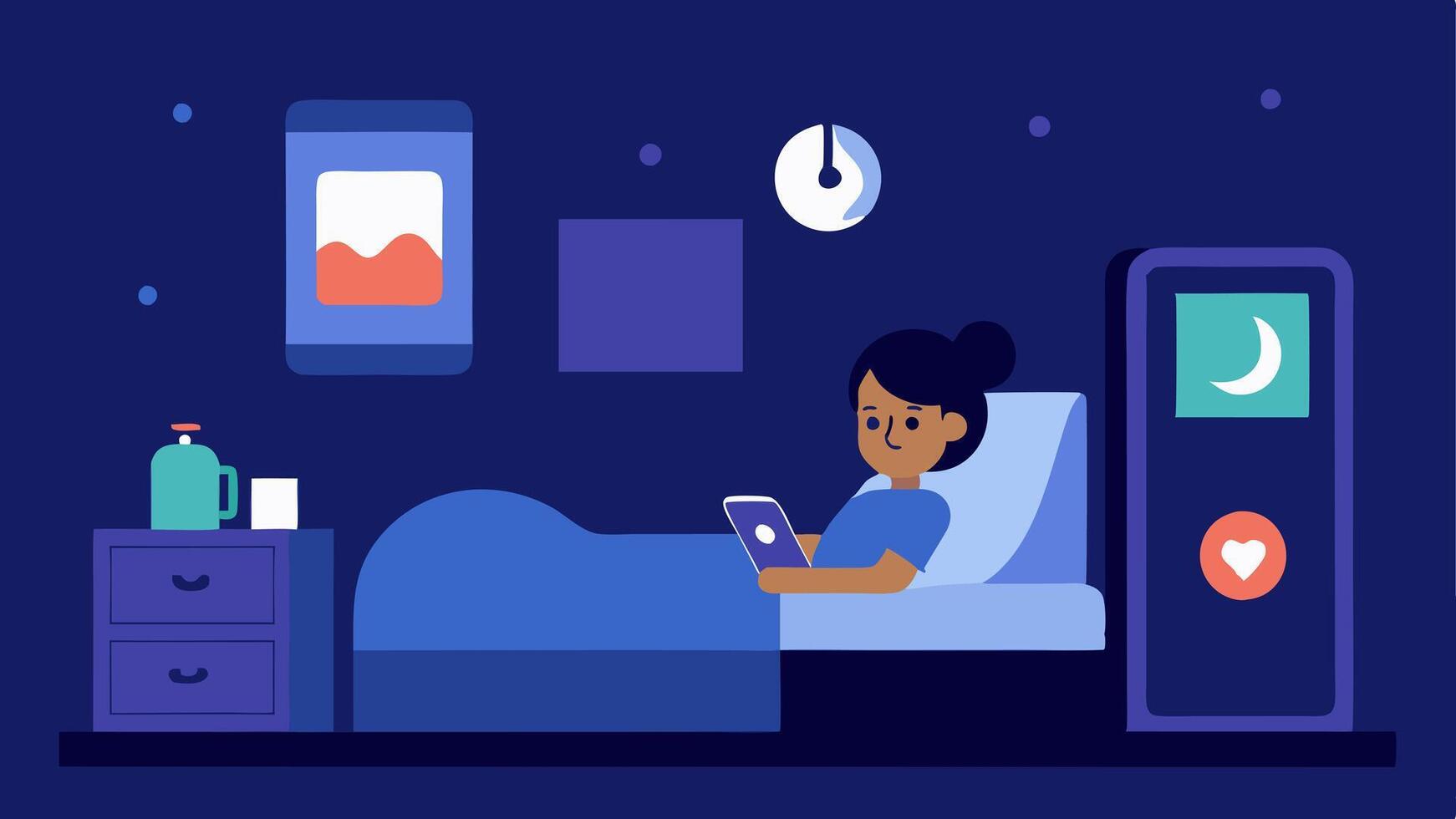 Sleep Tracking A cozy nighttime setting with a person in bed with a small device on the bedside table displaying glucose levels alongside a sleep monitoring app on their phone.. vector