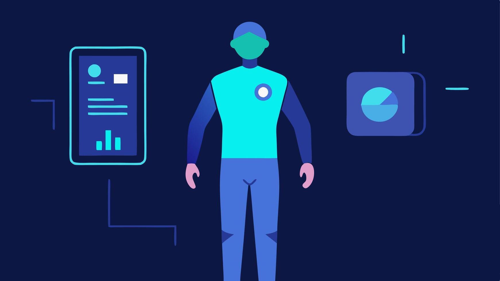 User with Device A person standing with a sleek futuristic body scanner device worn on their wrist looking at a digital display showing health metrics.. vector