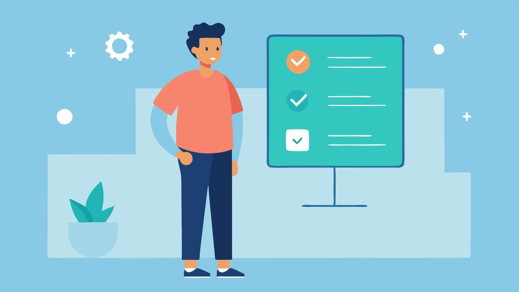 Progress Tracking Display A patient standing in front of a screen showing a digital progress chart with graphs and checkmarks as they complete exercises.. vector