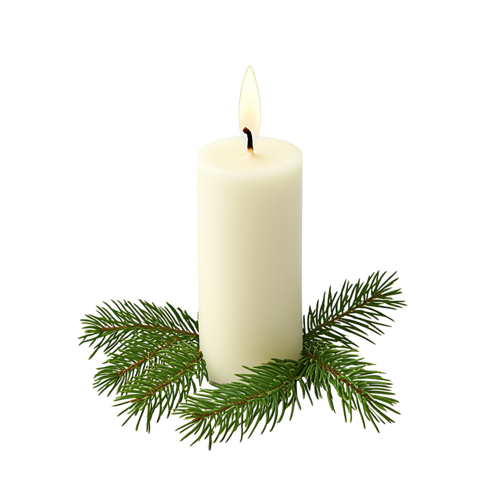 serene white candle surrounded by fresh green pine branches creates calming atmosphere png