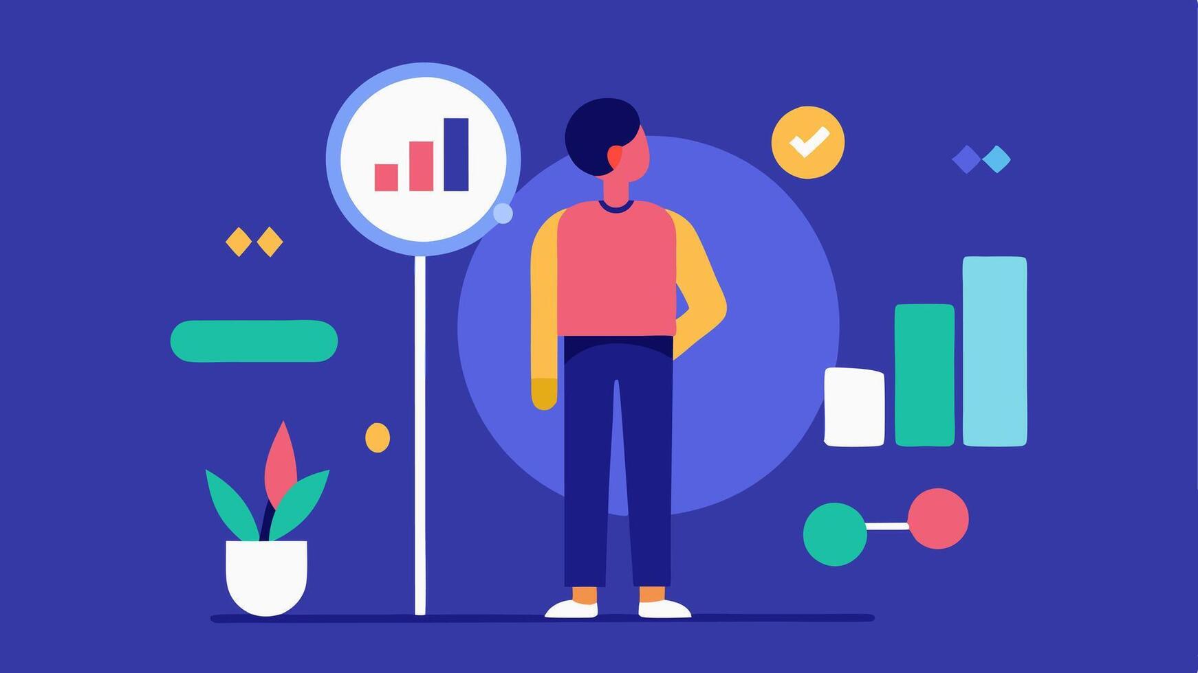 Progress Tracking A scene where a user stands in front of a mirror while their virtual coach provides motivational feedback with colorful graphs and statistics appearing on the. vector