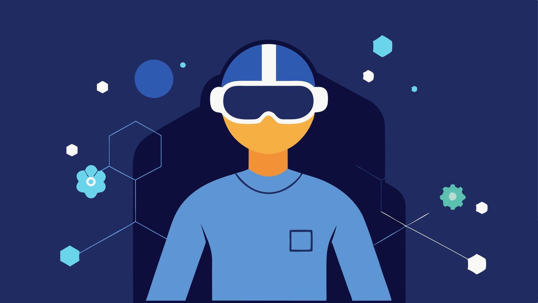 Virtual Reality Setup A person wearing a VR headset engaging in a biohacking training simulation that visualizes cellular activity.. vector