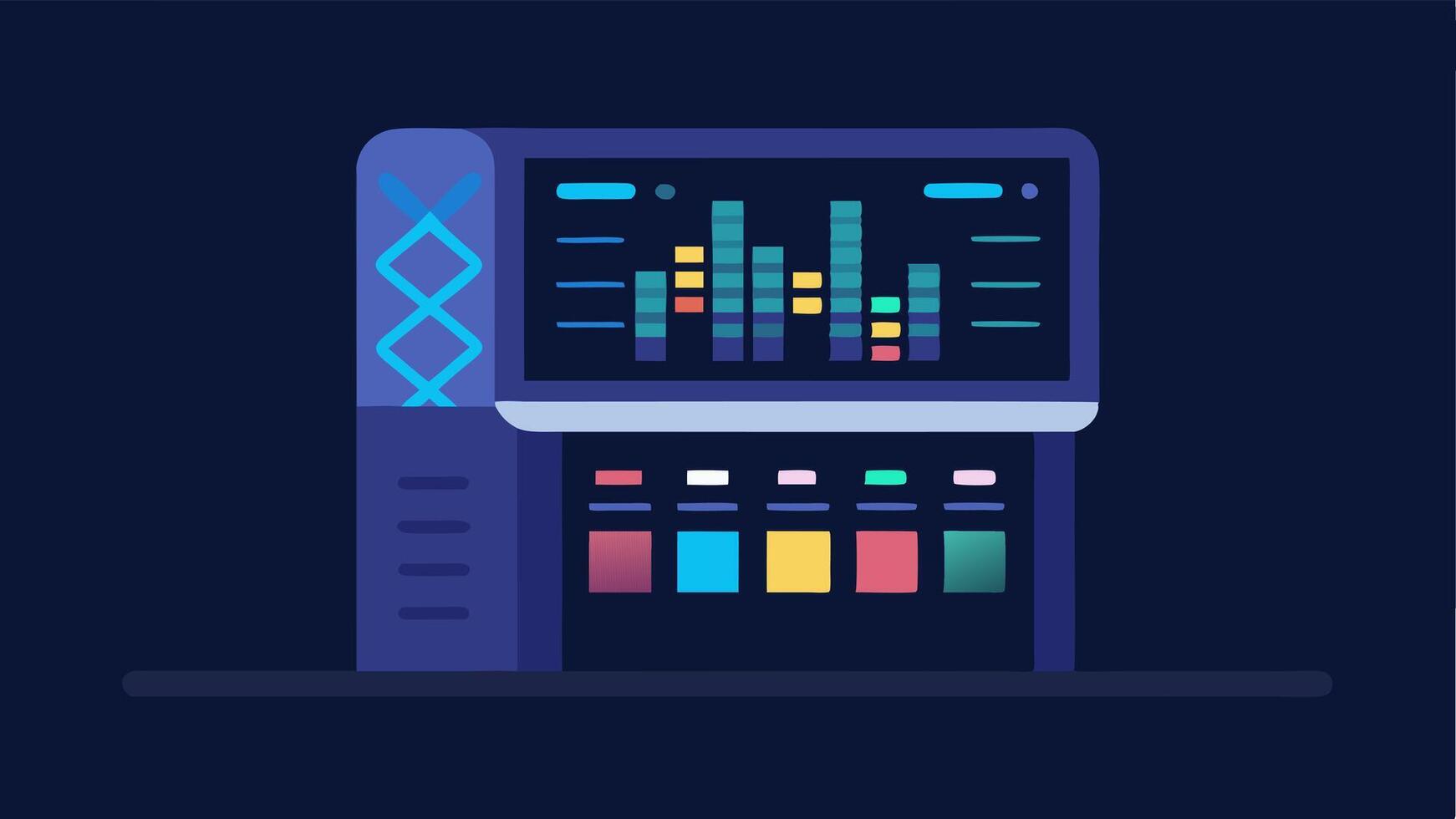 Sequencing Machine A sleek modern sequencing machine with glowing screens displaying data representing the technology used in genome analysis.. vector