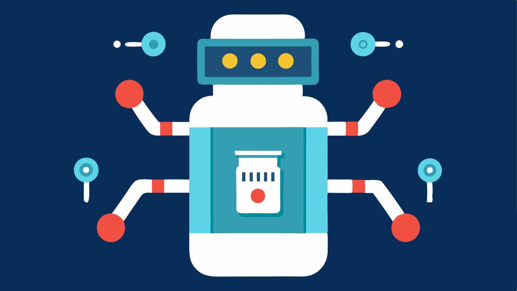 Smart Pill Bottle with Robotics A pill bottle designed with robotic arms showcasing advanced medication management and biohacking through technology.. vector