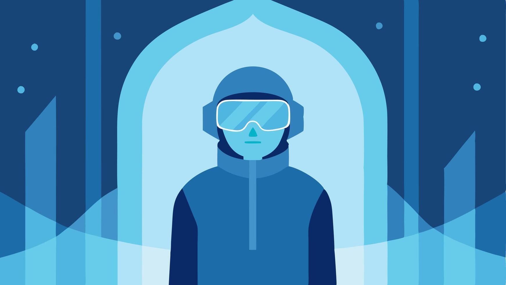 User Inside Chamber An illustration showing a relaxed individual standing inside the chamber wearing protective ear and eye gear surrounded by frosty mist and icy blue lighting.. vector