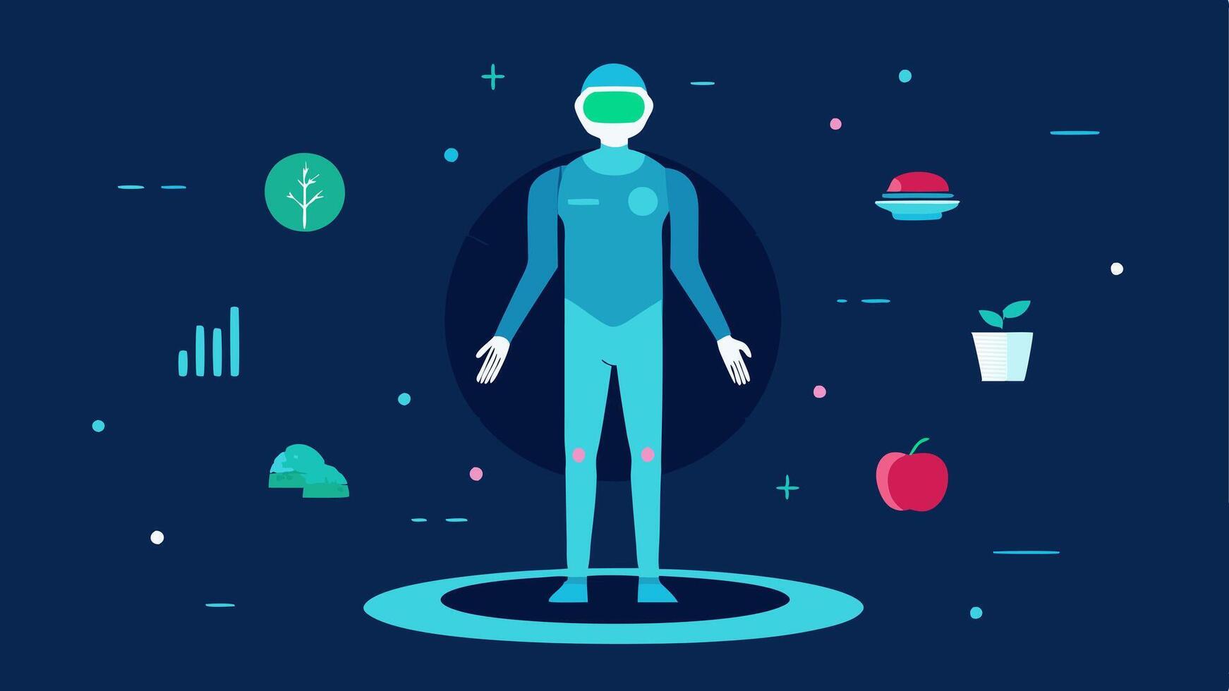 Virtual Health Coach An interactive holographic figure providing guidance on nutrition and fitness depicted with charts and healthy meal suggestions encapsulated in a futuristic. vector