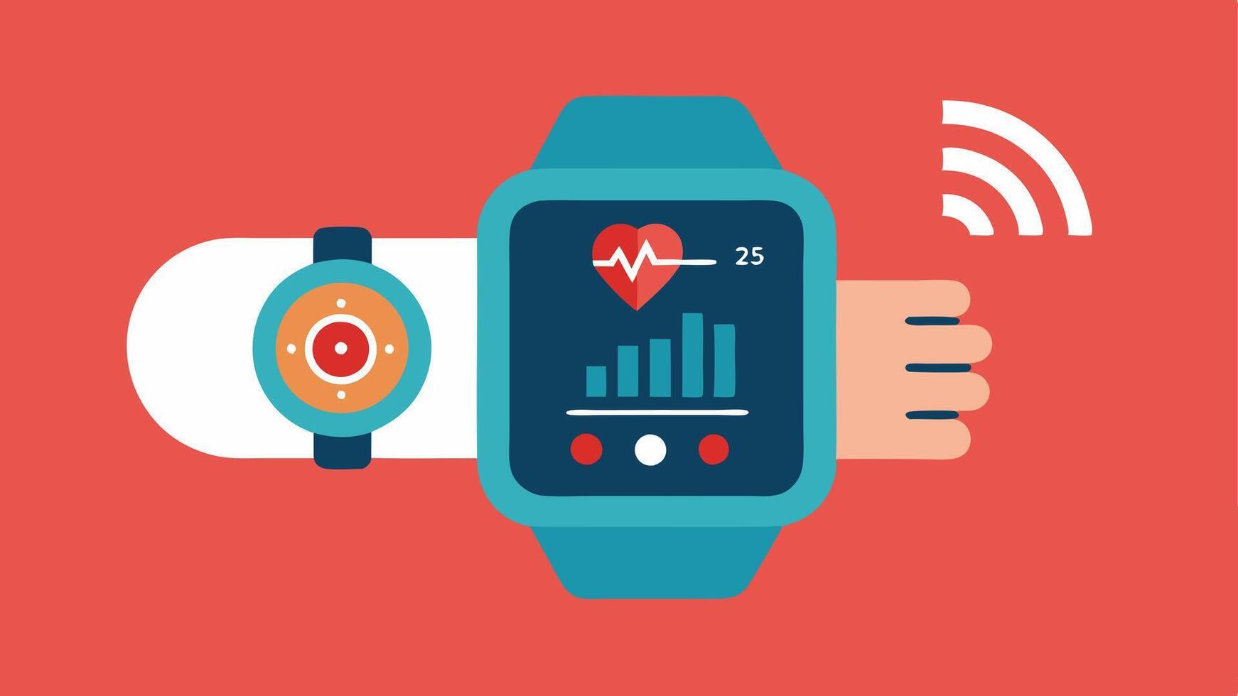 Smart Health Device A wearable device on a wrist showing a glowing display of health indicators while an AI interface scans and interprets the data.. vector