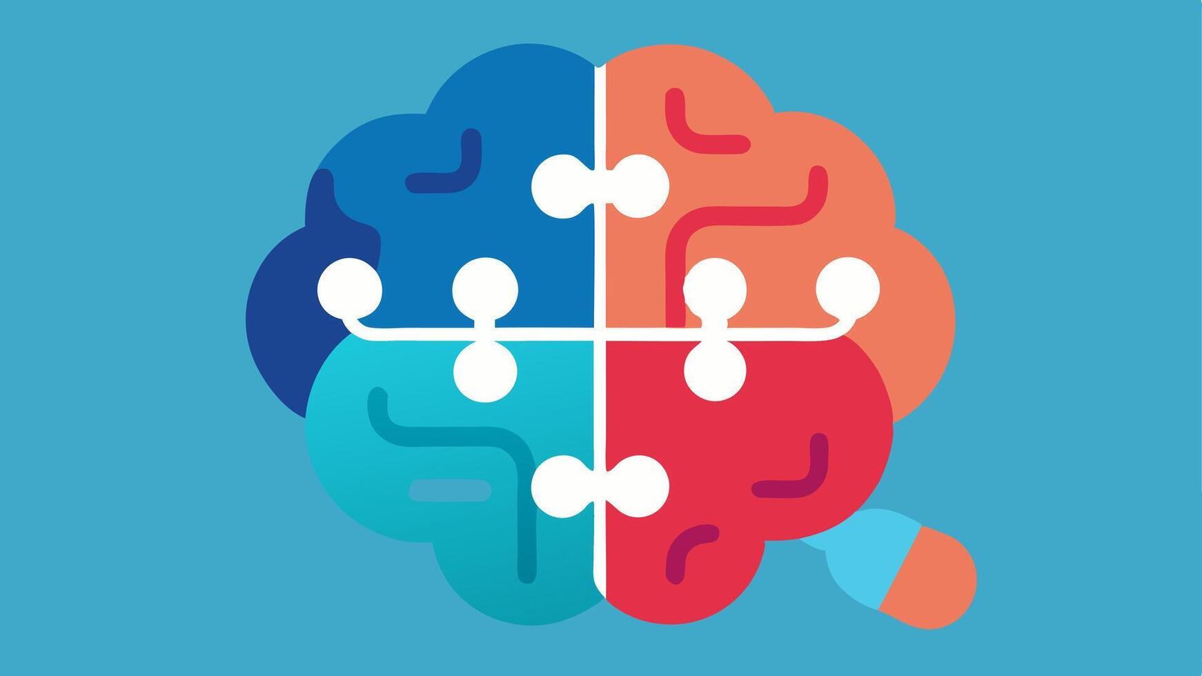 Puzzle Pieces A brain made of puzzle pieces with two or three pills fitting into gaps symbolizing how cognitive enhancement pills can complete or improve mental functions.. vector