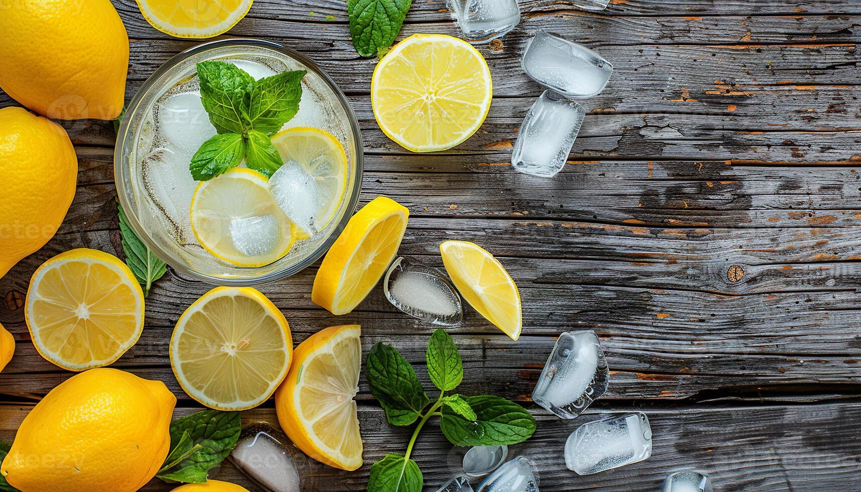 Fresh summer lemonade with lemons, ice and mint on a wooden table. Copy space, top down view, background, wallpaper, backdrop, refreshing drink photo