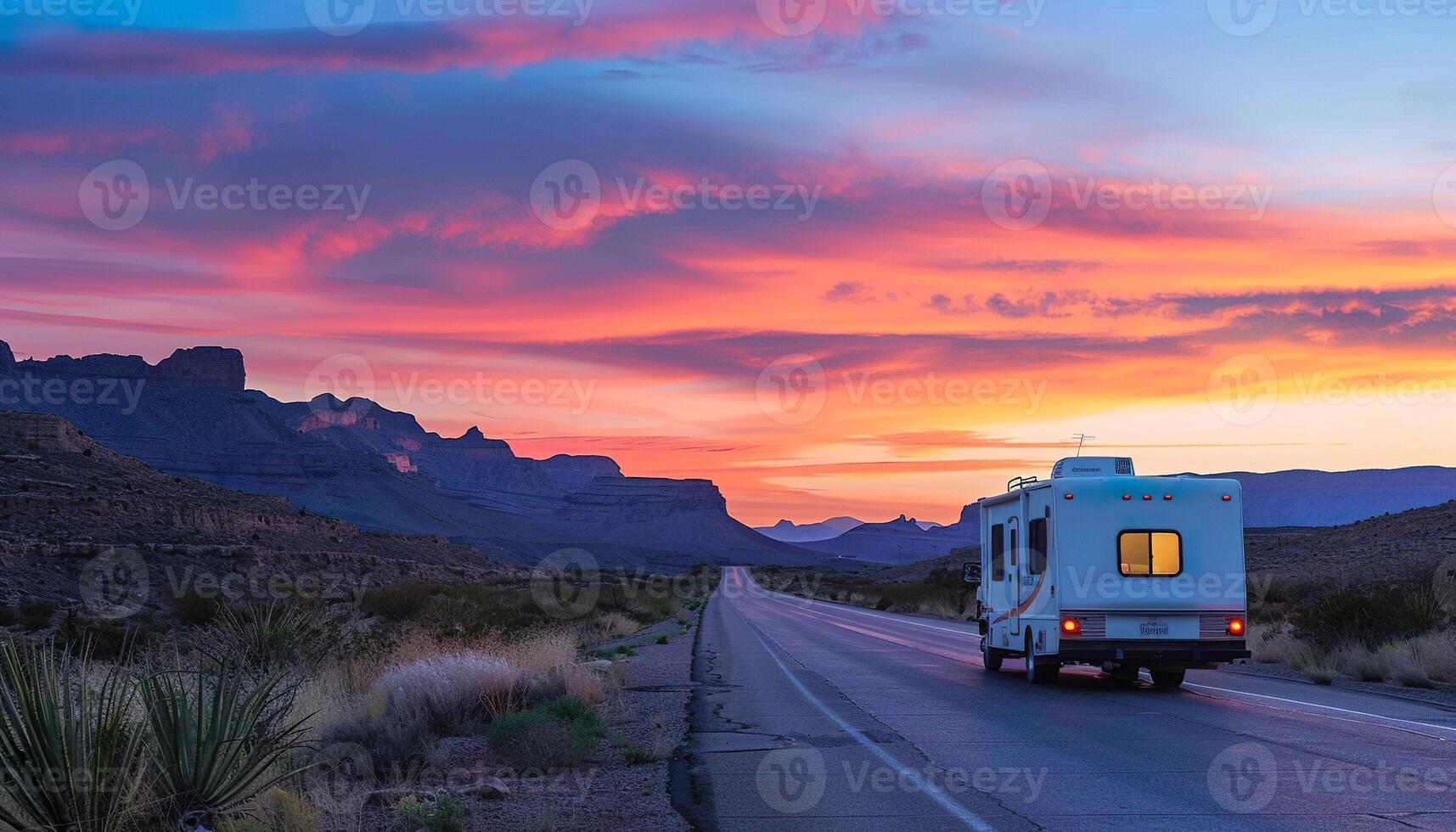 Route 66 highway camper road trip in the desert, adventure, travel. USA, sunset, golden hour, campervan, nature, camping photo