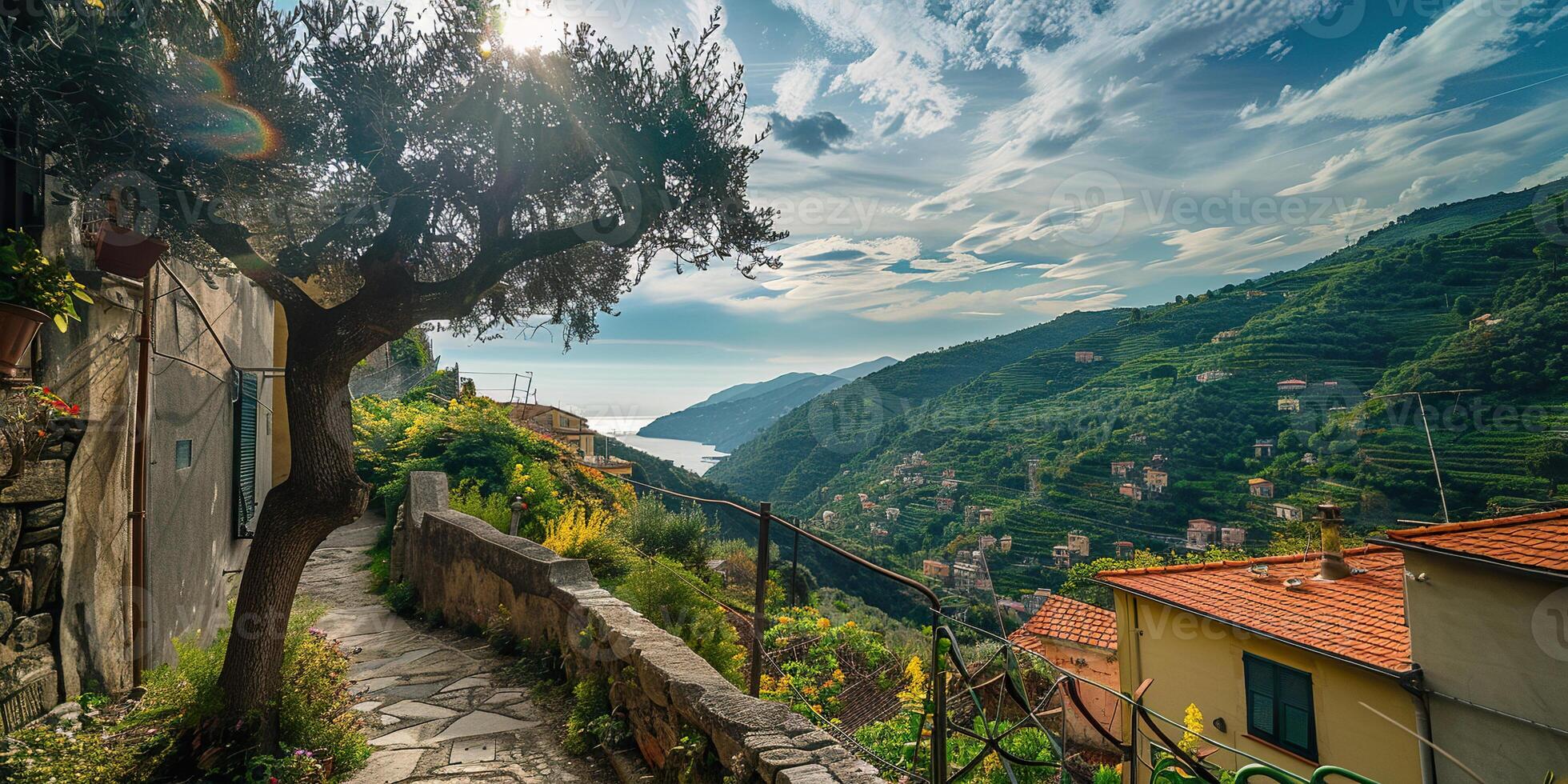 Cinque Terre seaside villages in Riviera coastline, Italy. Colorful houses, vacation, holiday travel destination, tourist resort, background wallpaper backdrop panorama photo
