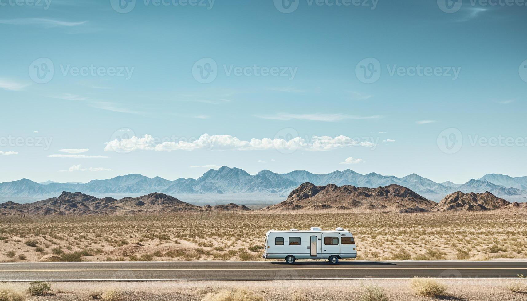 Route 66 highway camper road trip in the desert, adventure, travel. USA, Sunny day, blue sky, campervan, nature, camping photo