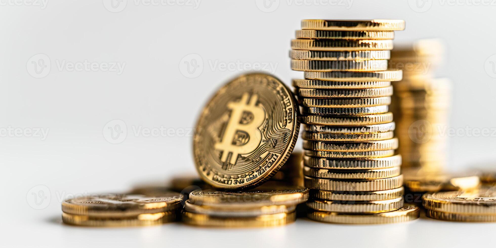 Bitcoin crypto token coins stacked on a white background. Investing success, physical currency blockchain, cryptocurrency, value, rising market photo