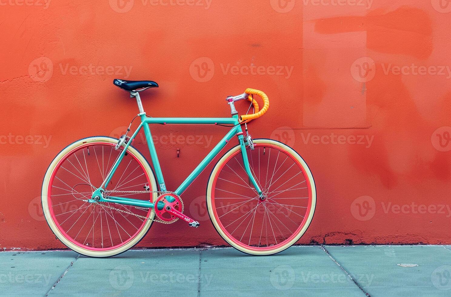 Colorful summer retro hipster bike with white tires on orange background. Copy space, leisure, vacation, adventure, romantic ride wallpaper photo