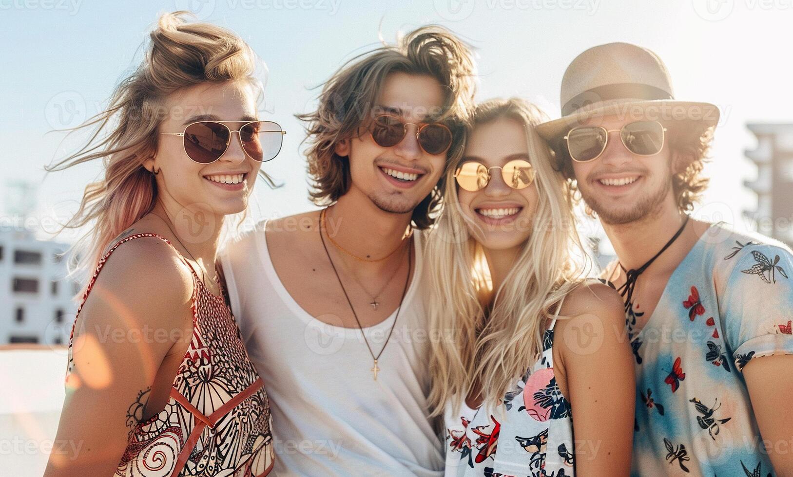 Young diverse group of friends smiling, friendship, summer vacation travel, happy vibes, lifestyle valuable experiences, bonding, social activity photo