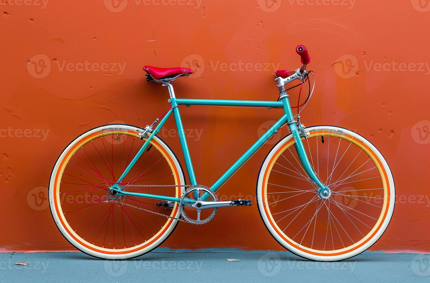 Colorful summer retro hipster bike with white tires on orange background. Copy space, leisure, vacation, adventure, romantic ride wallpaper photo