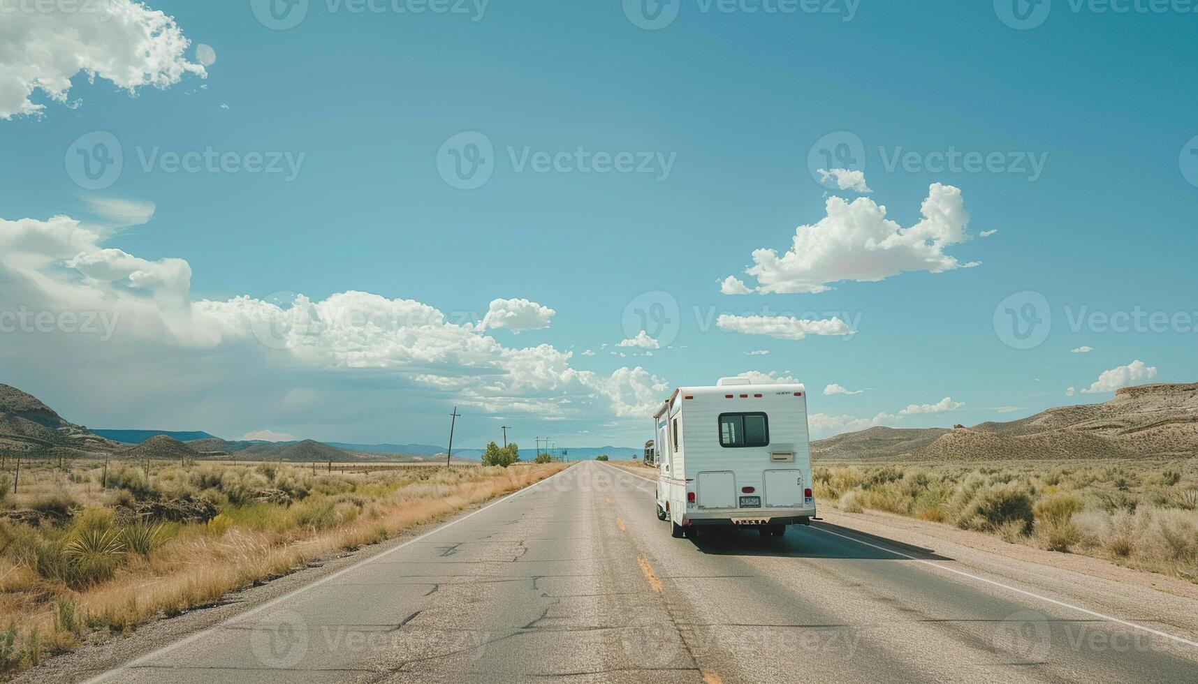 Route 66 highway camper road trip in the desert, adventure, travel. USA, Sunny day, blue sky, campervan, nature, camping photo