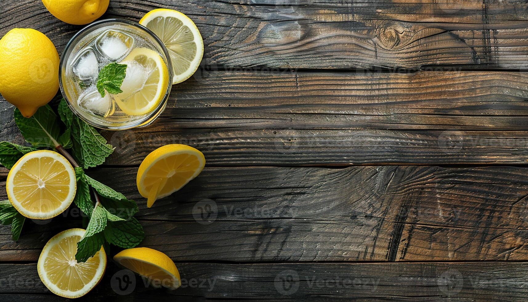 Fresh summer lemonade with lemons, ice and mint on a wooden table. Copy space, top down view, background, wallpaper, backdrop, refreshing drink photo