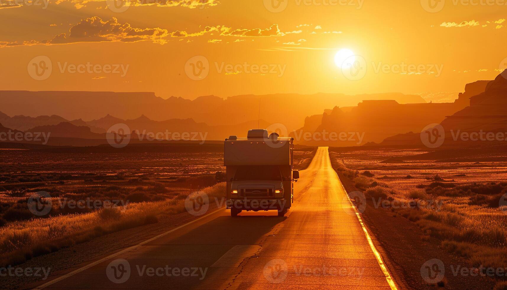 Route 66 highway camper road trip in the desert, adventure, travel. USA, sunset, golden hour, campervan, nature, camping photo