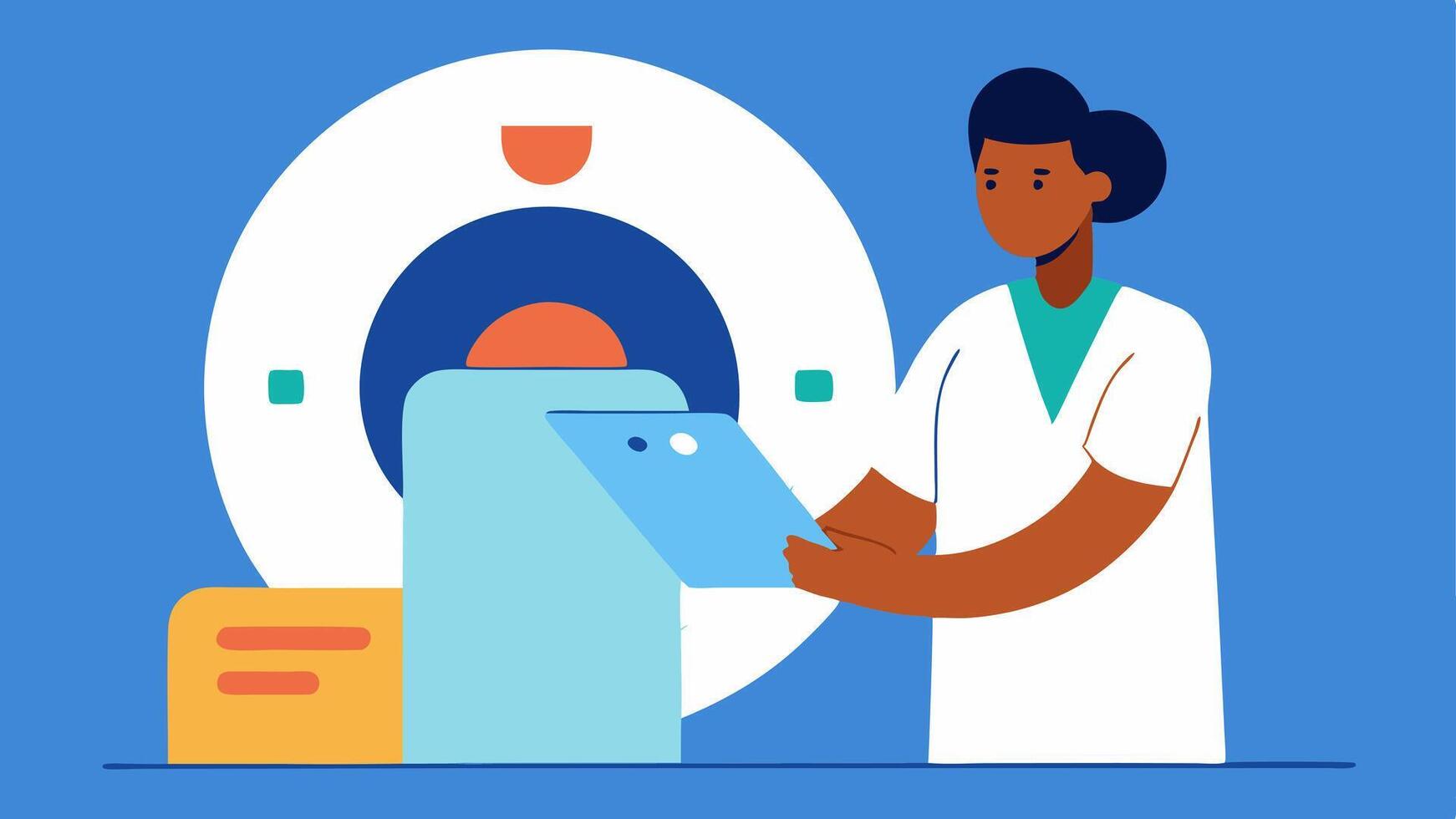 Training Guide A depiction of an instructional overlay on the MRI interface where a medical tech refers to the guide to ensure correct setting adjustments.. vector