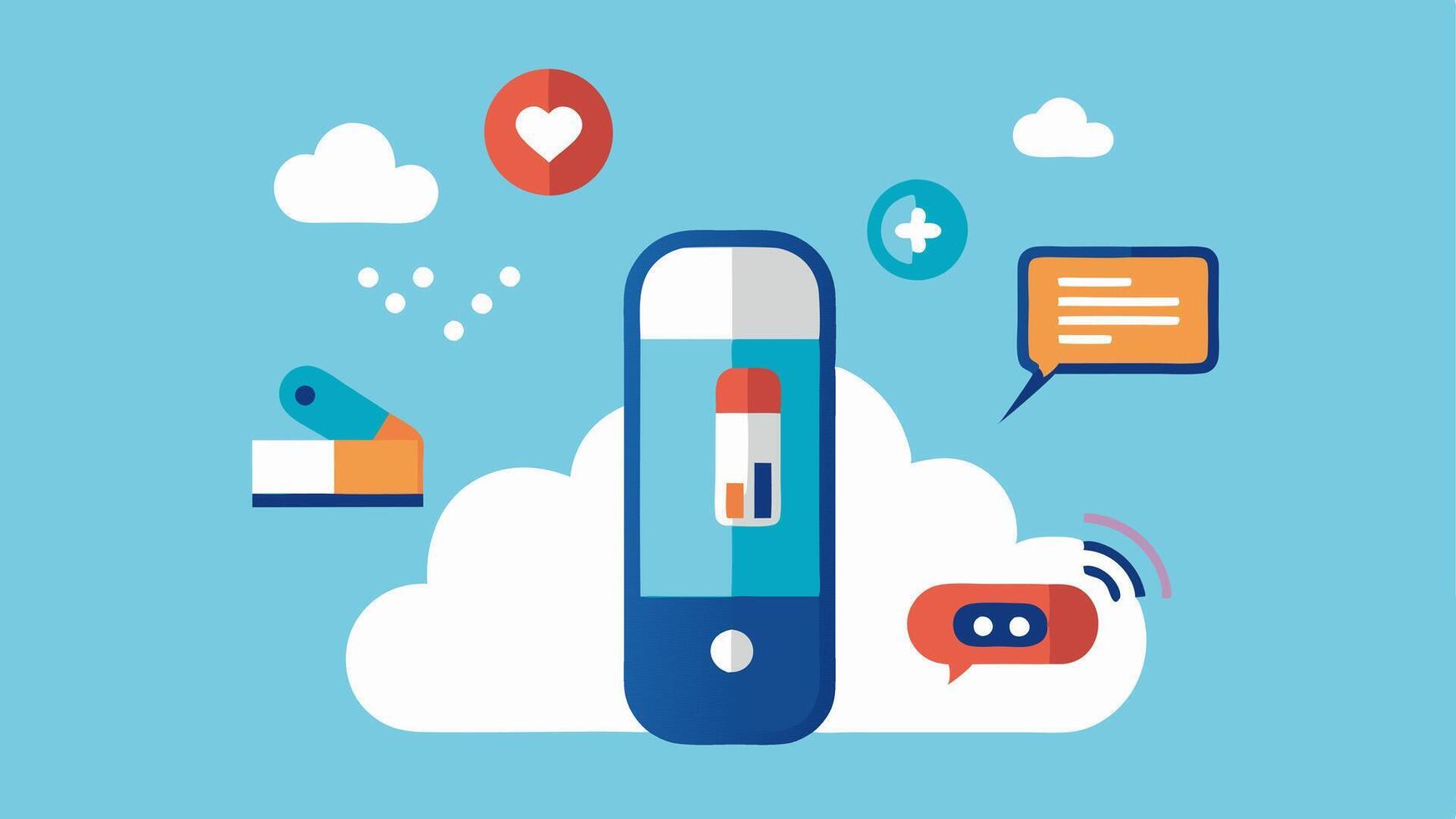 Smart Inhaler An inhaler with a digital display that tracks usage and provides reminders depicted with a cloud of medicine being released and health tips in speech bubbles.. vector