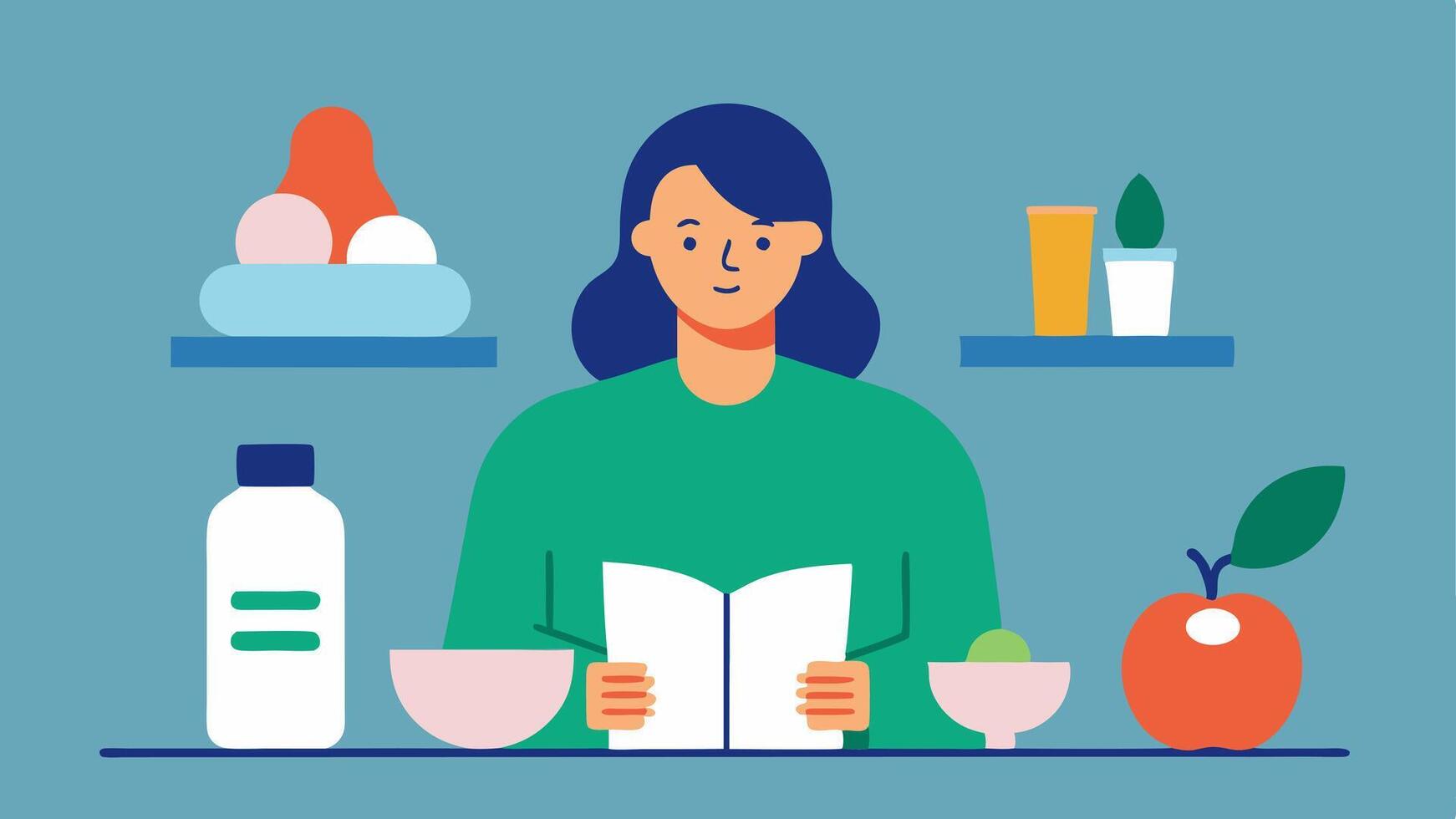 Vitality Through Nutrition A table set with healthy foods and supplements with a person reading an HRT pamphlet showcasing the connection between diet and hormone health.. vector