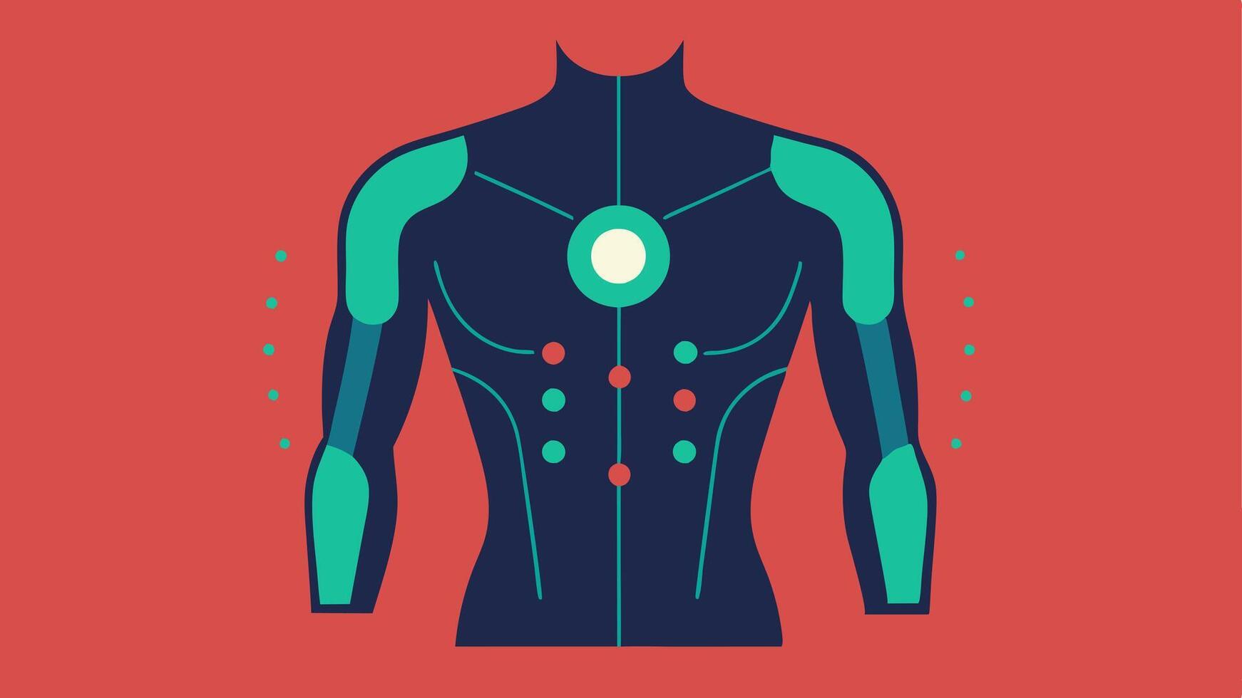 Smart Compression Shirt A dynamic view of a compression shirt that illustrates a grid of sensors across the torso area showing data points and graphs that represent muscle activity. vector