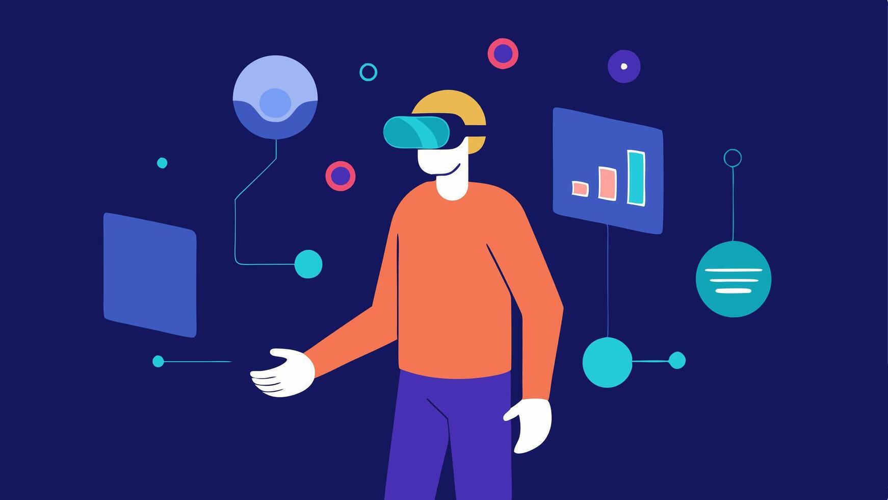 Virtual Reality Interface An illustration of a person interacting with a VR headset that simulates an environment for tracking supplement intake and health progress through. vector