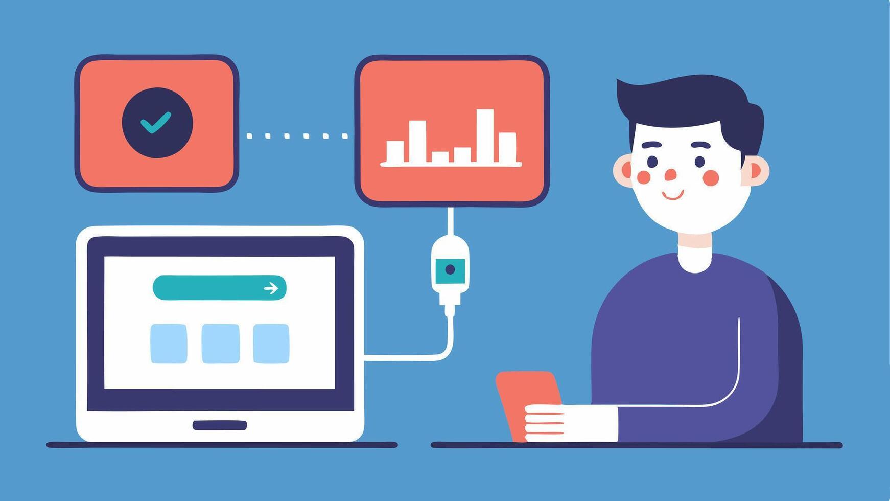 RealTime Data Presentation A biohacker connecting their continuous glucose monitor to a laptop with a popup window showing realtime glucose data and alerts.. vector