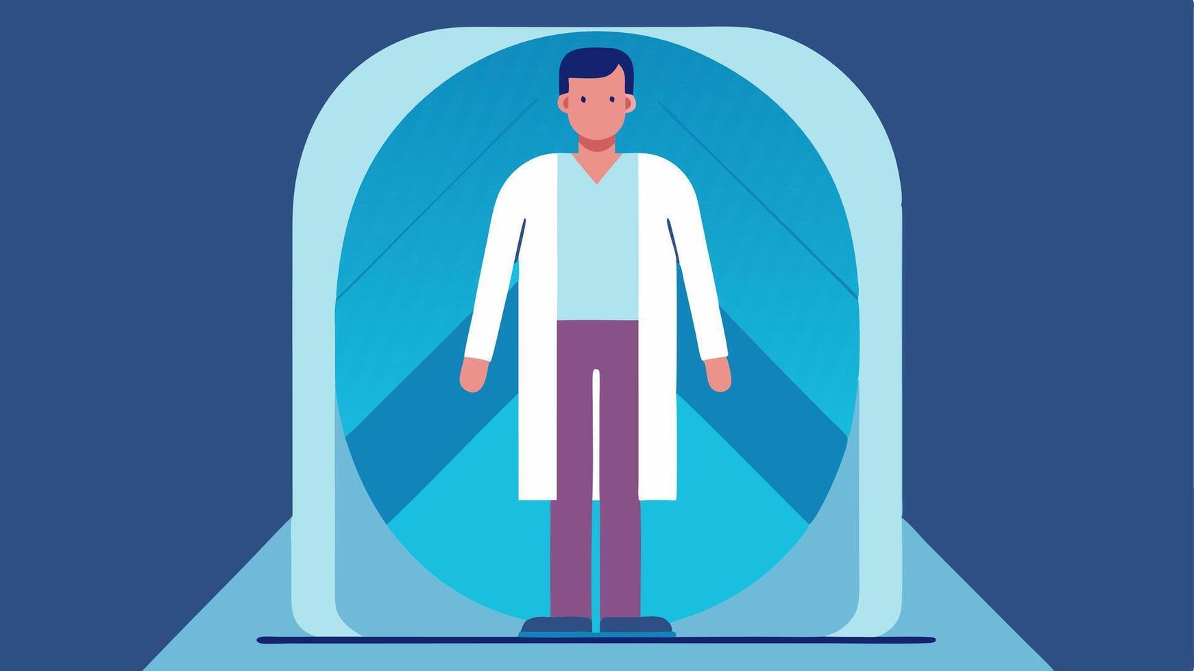User Experience An illustration of a relaxed patient standing in the scanner with a soothing atmosphere enhanced by calming colors and ambient lighting.. vector