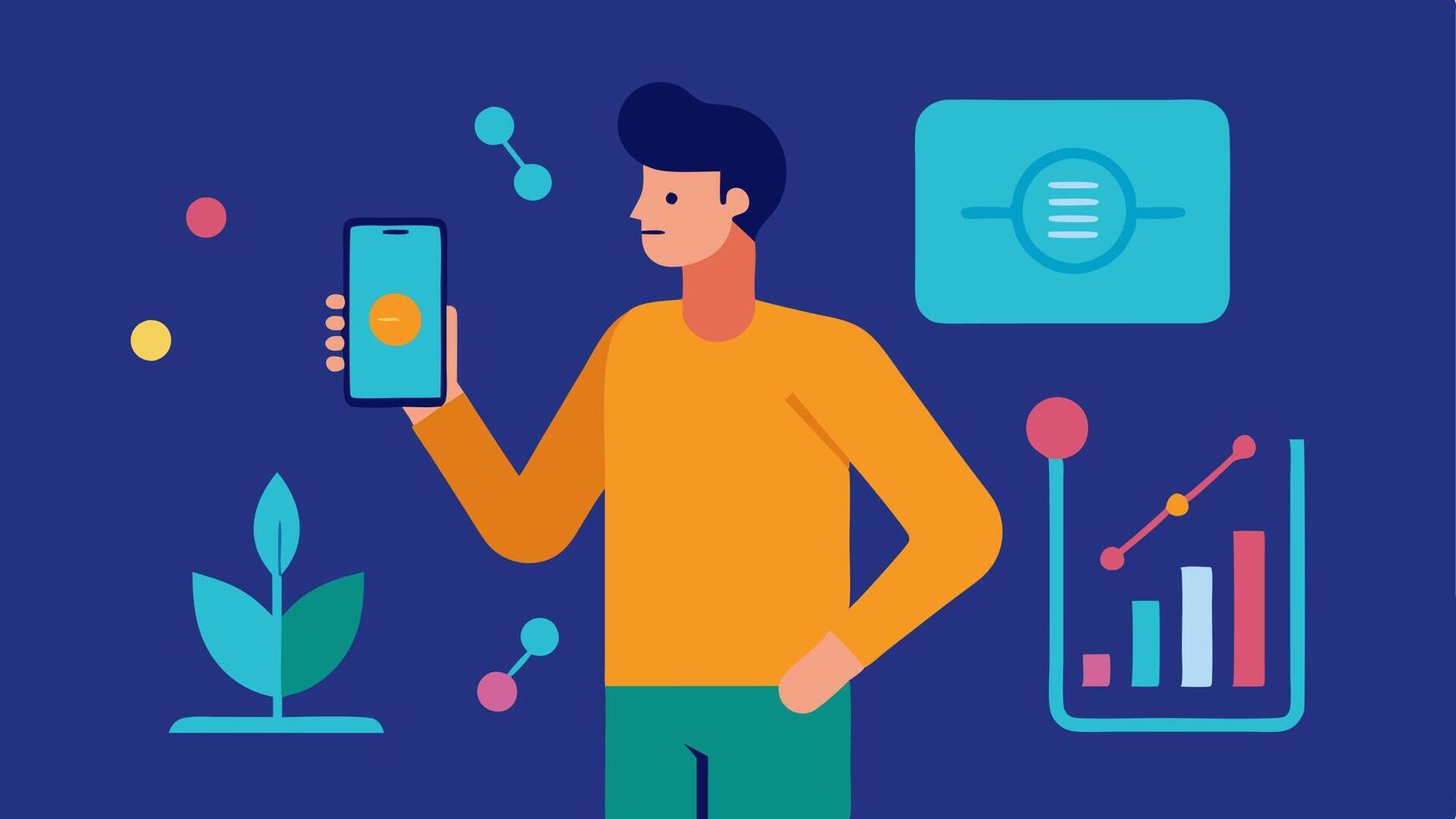 Smartphone Genetics App A person using a smartphone app that visualizes their genetic data and suggested lifestyle changes for improved health.. vector