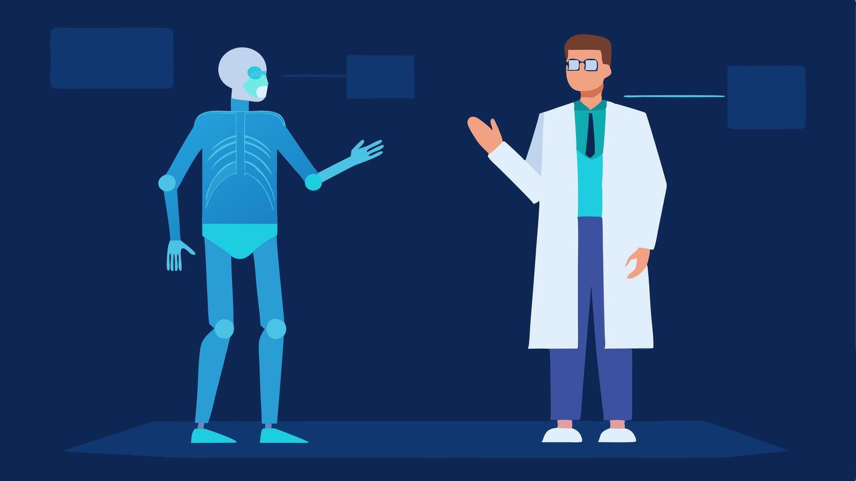 Virtual Reality Consultation A doctor in a lab coat discusses a holographic fullbody representation of the patients anatomy highlighting areas of concern.. vector