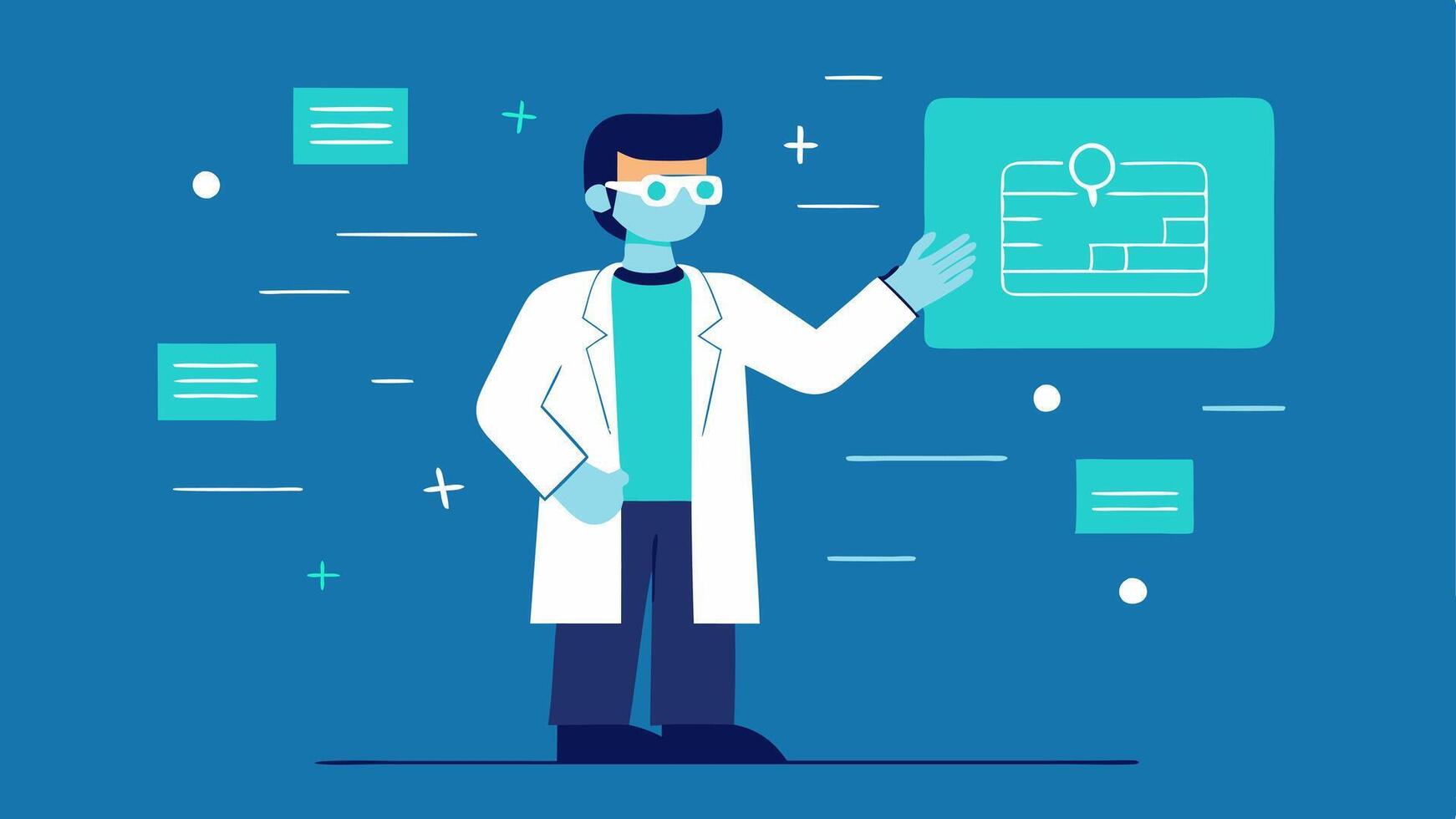 Treatment Plan Visualization A physician gestures toward a holographic display that outlines a personalized treatment plan while the patient takes notes.. vector