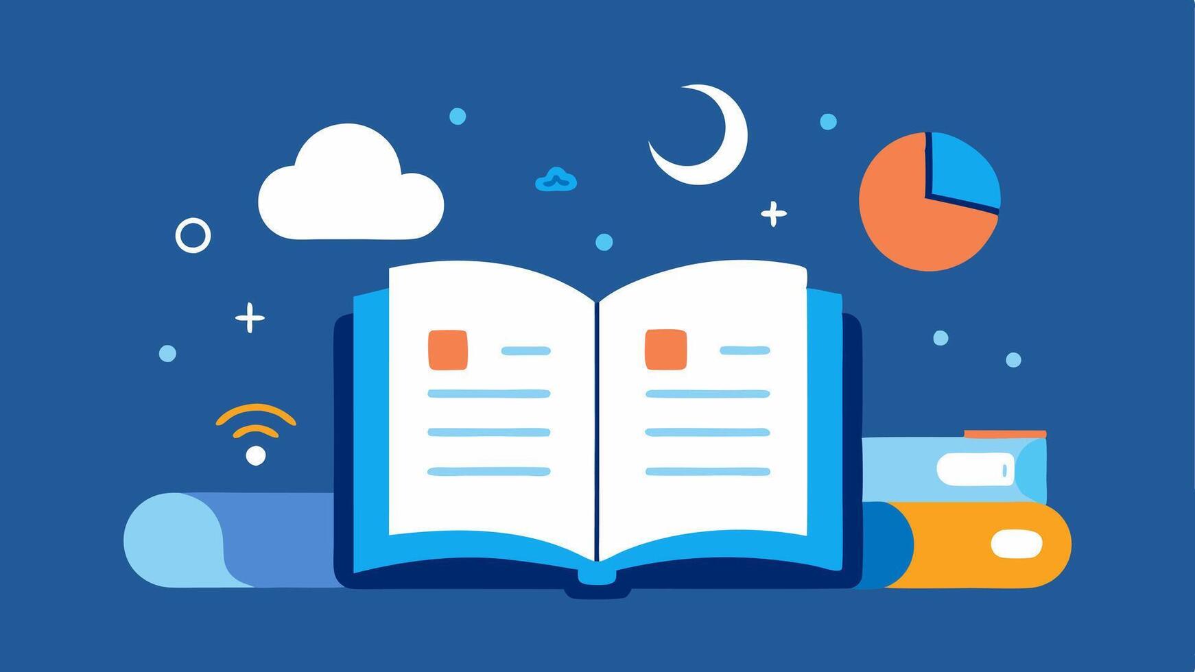 Sleep Science Book An open book filled with illustrations of sleep cycles circadian rhythms and tips for enhancing sleep quality next to a wearable device on the table.. vector