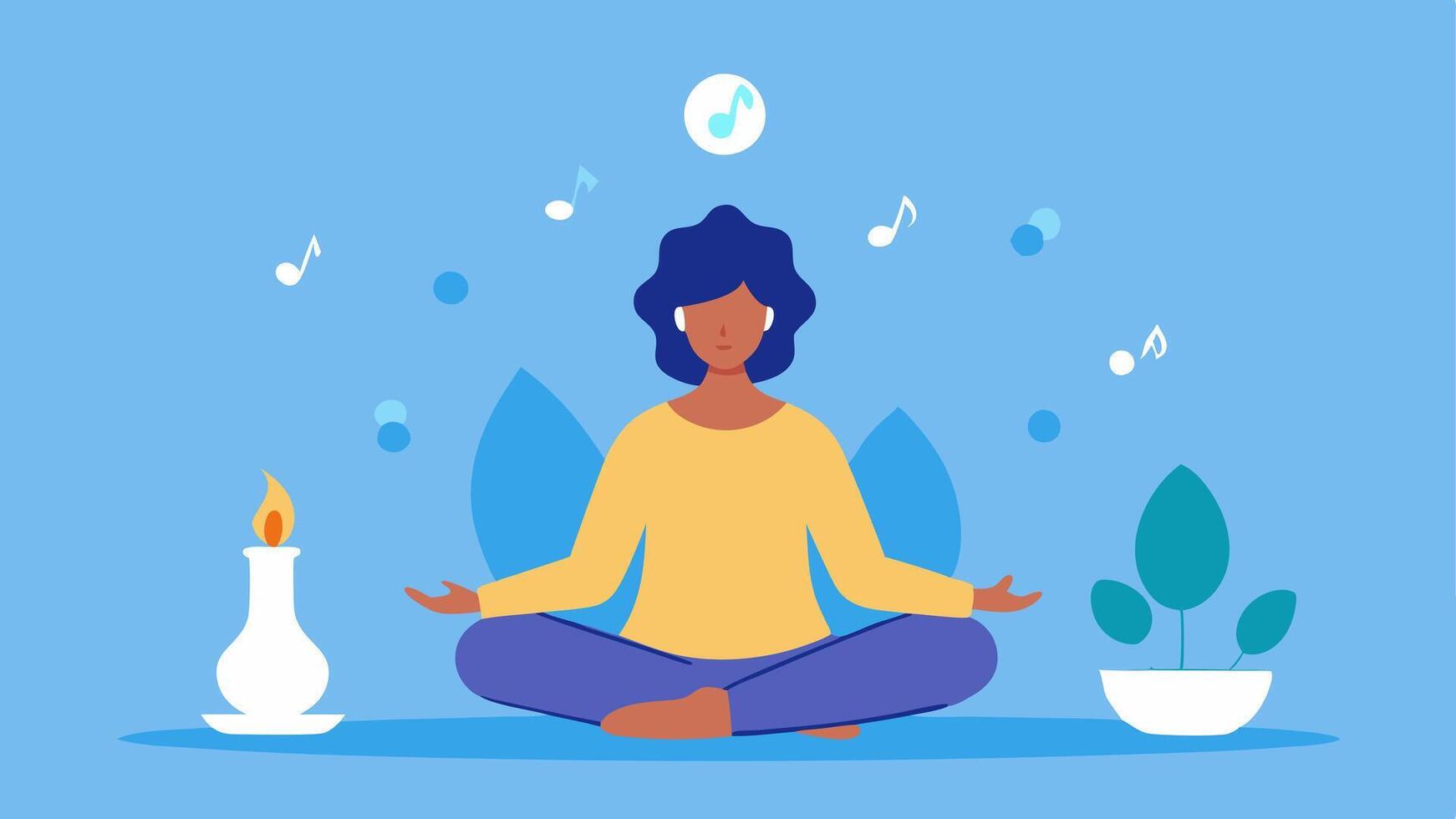 Relaxation Techniques An image of a serene individual meditating in a tranquil setting with elements like floating candles and soft music notes to depict stress relief.. vector