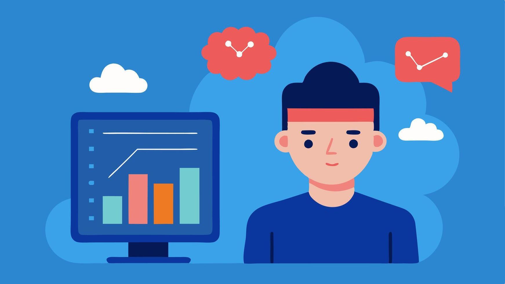Wearable Trend Chart A image of a person viewing a trend chart on a digital device showing changes in their brain activity over days or weeks along with corresponding mood. vector