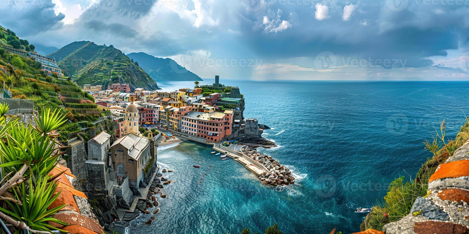 Cinque Terre seaside villages in Riviera coastline, Italy. Colorful houses, vacation, holiday travel destination, tourist resort, background wallpaper backdrop panorama photo