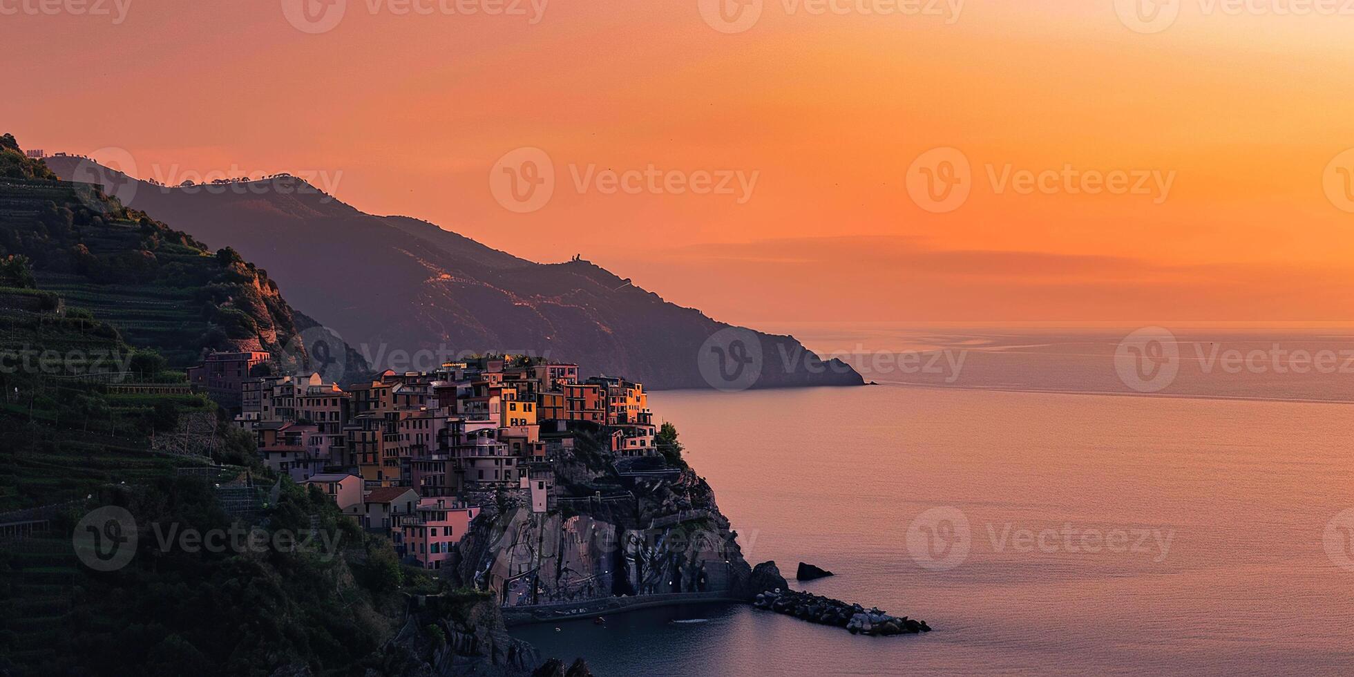 Cinque Terre seaside villages in Riviera coastline, Italy. Colorful houses, vacation, holiday travel destination, tourist resort, background wallpaper backdrop panorama photo