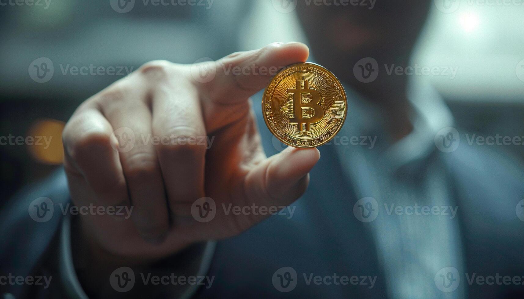 Bitcoin crypto investing success, man holding a coin token. Currency blockchain cryptocurrency, wallet, market, rich investor photo