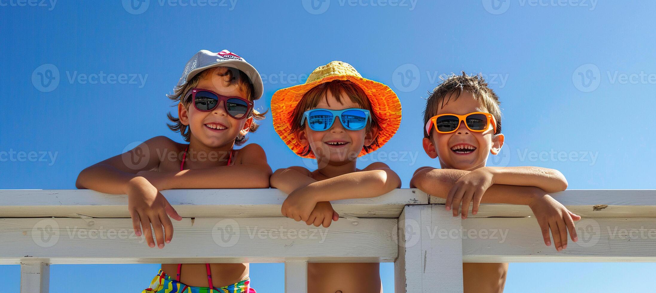 Childhood friends, children in swimsuits spending summer together. Growing up, memories and moments together, kids having fun, smiling on a sunny day photo