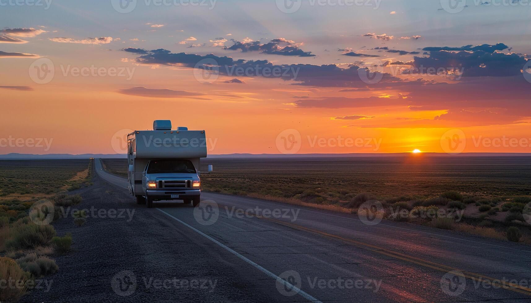 Route 66 highway camper road trip in the desert, adventure, travel. USA, sunset, golden hour, campervan, nature, camping photo
