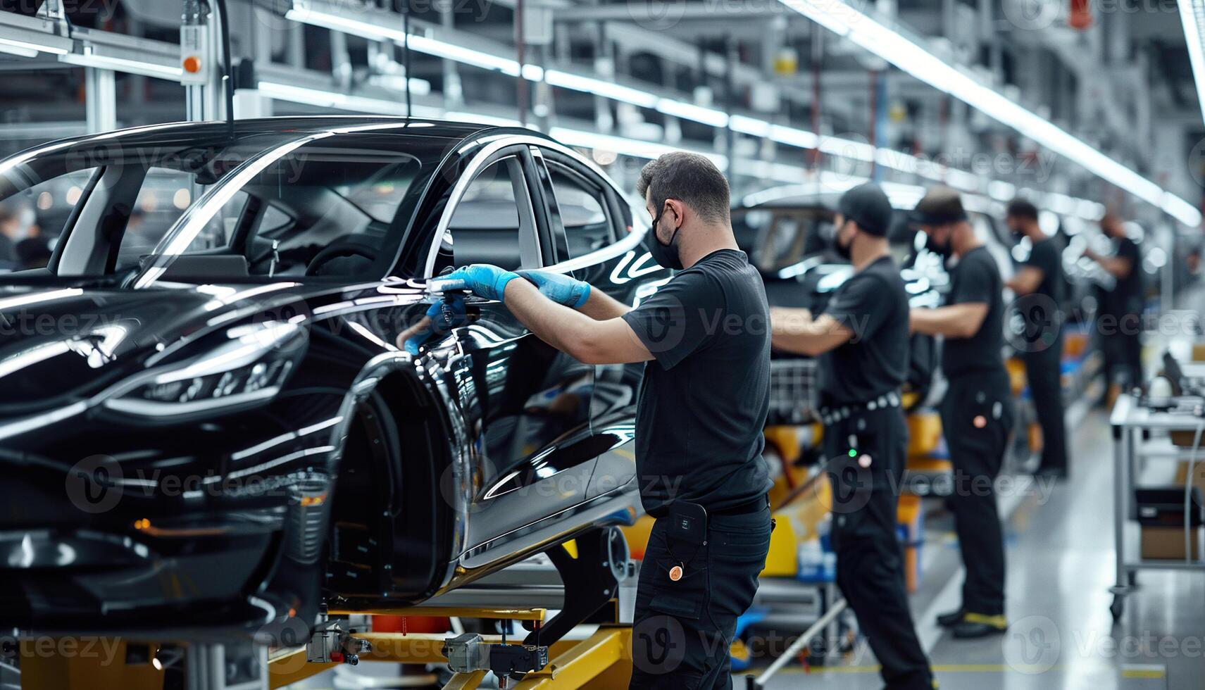 EV automated manufacturing factory with workers. Electric vehicle cars, modern technology, mass production, clean energy future photo