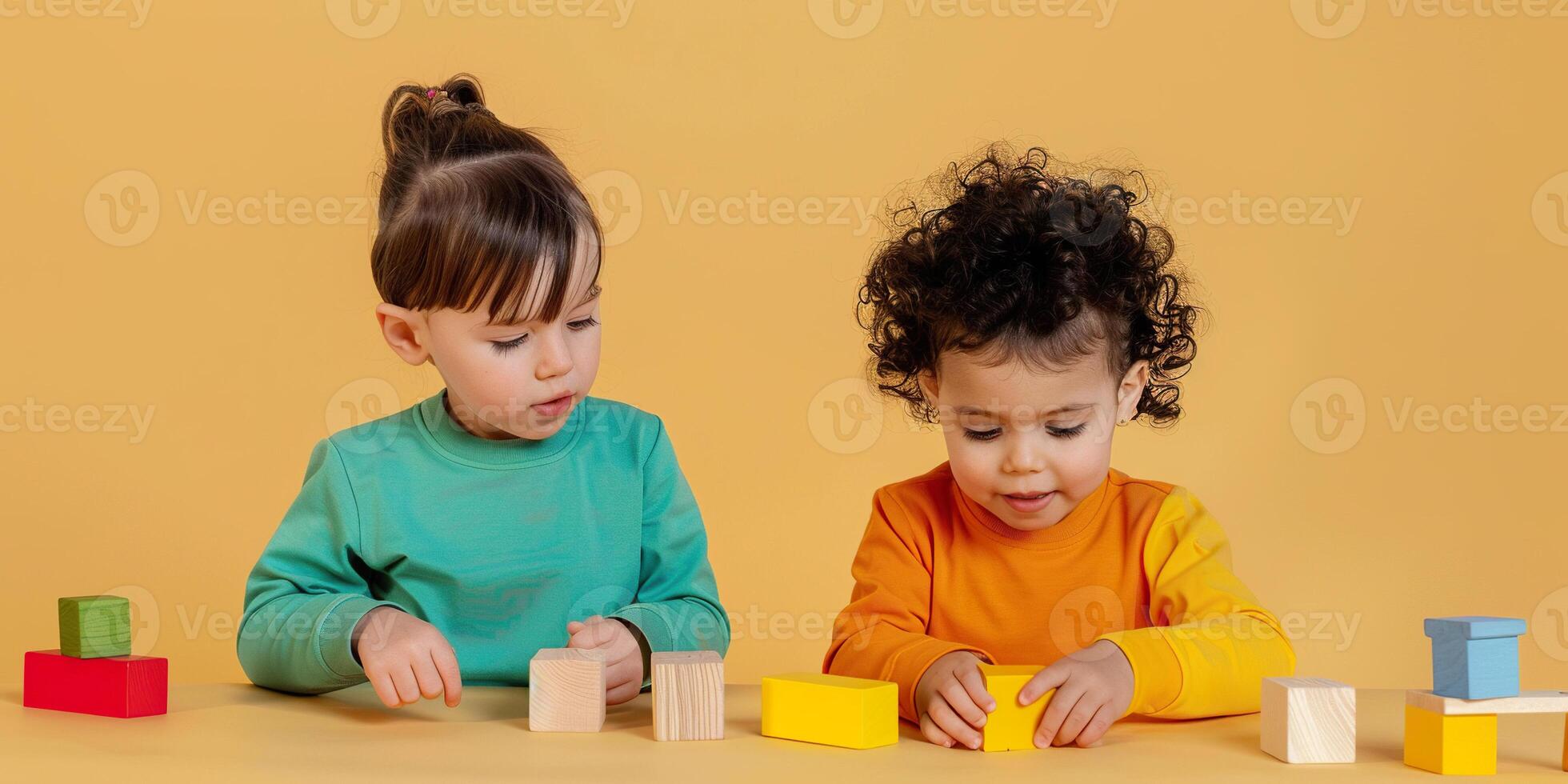 Children playing with kids toys, building blocks. Socializing, having fun, memories and moments together, childhood friends photo