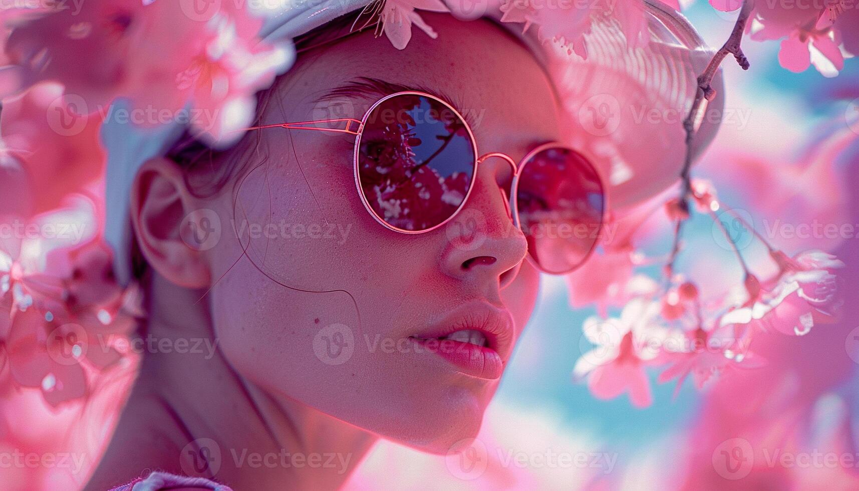 Fashion, millennial woman model, seductive gaze, pink blooming flowers, blue sky background wallpaper backdrop. Copy space, bright neon colors, skincare, natural beauty, youth, attractive photo