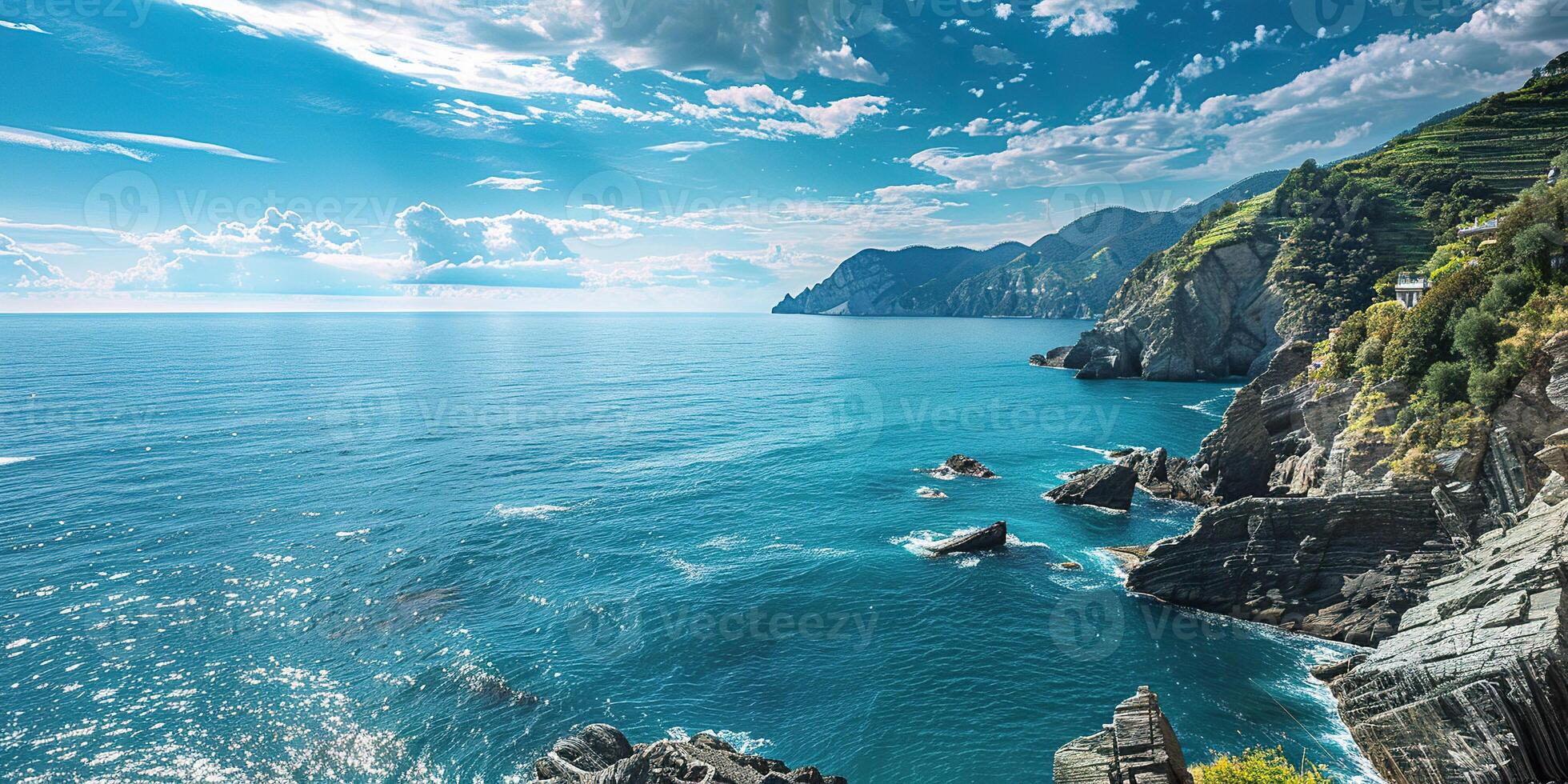 Cinque Terre seaside villages in Riviera coastline, Italy. Colorful houses, vacation, holiday travel destination, tourist resort, background wallpaper backdrop panorama photo