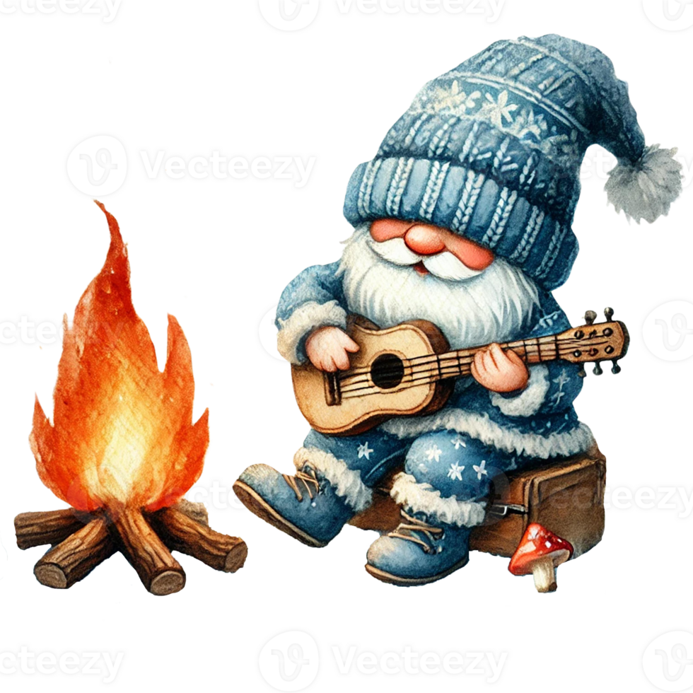 A whimsical gnome playing ukulele by a campfire in a snowy scene. png