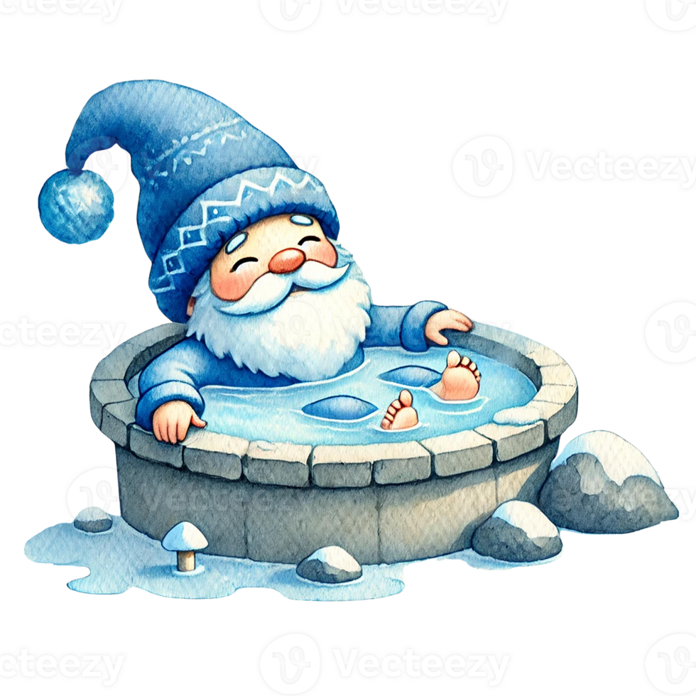A cheerful gnome relaxing in a hot tub, enjoying a serene winter atmosphere. png