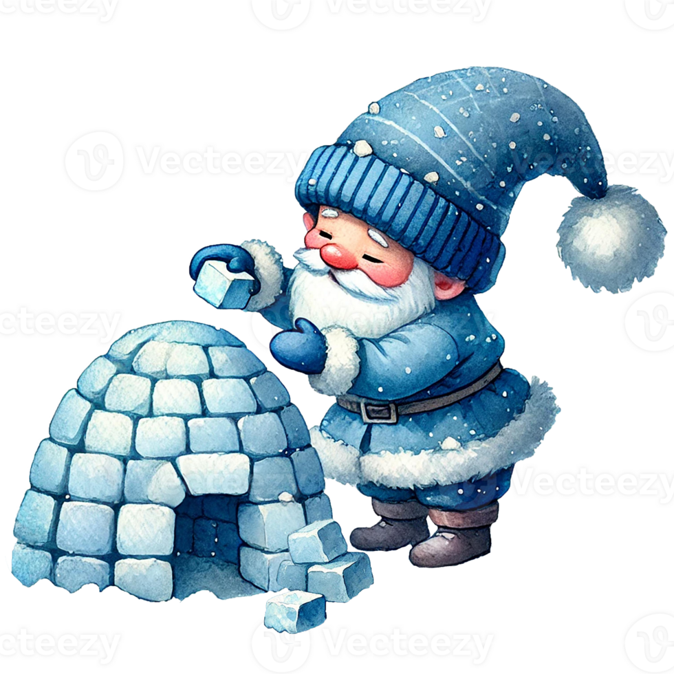 A cheerful gnome building an igloo in winter attire, joyful and imaginative scene. png