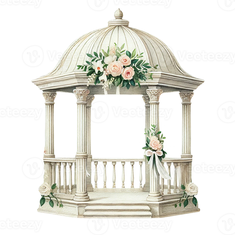Elegant wedding gazebo adorned with flowers and greenery png